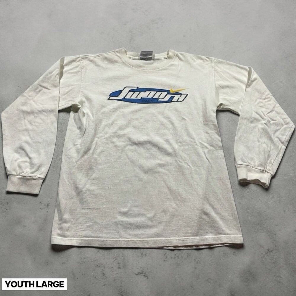 Vintage Nike Swoosh T-Shirt Size Large White Long Sleeve Youth Y2K 90s Spellout
